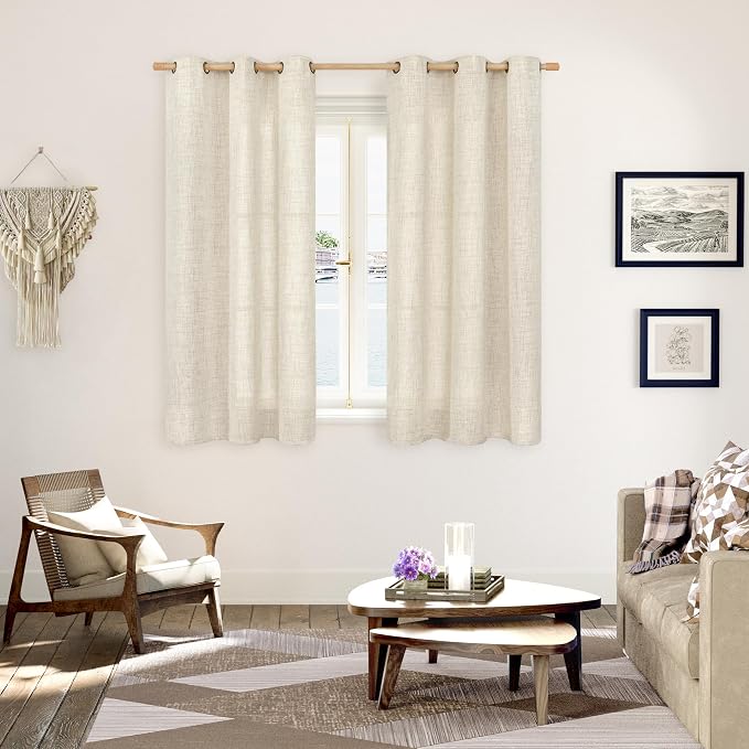 YoungsTex 48 Inches Long Linen Curtains for Short Window, Boho Textured Drapes Light Filtering with Bronze Grommet Privacy for Bedroom Living Room Windows, 42 x 48 Inch, 2 Panels