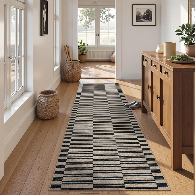 Lahome Striped Easy Jute Kitchen Runner Rug, 2x8 Washable Outdoor Rugs | Black Non Slip Indoor Entryway Runners, Modern Farmhouse Neutral Non Shedding Carpet for Hallway Porch Foyer Laundry Room