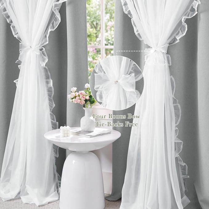 PONY DANCE 100% Blackout Curtains for Girl's Bedroom, Double Layer Grommet Curtain 84 inch Long with Sheer Overlay for Living Room, Nursery Kids Toddler Room Decor, Light Grey, 52" W x 84" L, 2 Panels