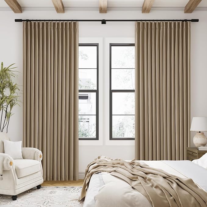 Light Brown Pleated Linen 100% Blackout Curtains 90 Inches Long for Bedroom | Pinch Pleat Rings Hooks Back Tab, Black Out Thermal Insulated Room Darkening, Tan Coffee Curtains with Liner, for Living Room