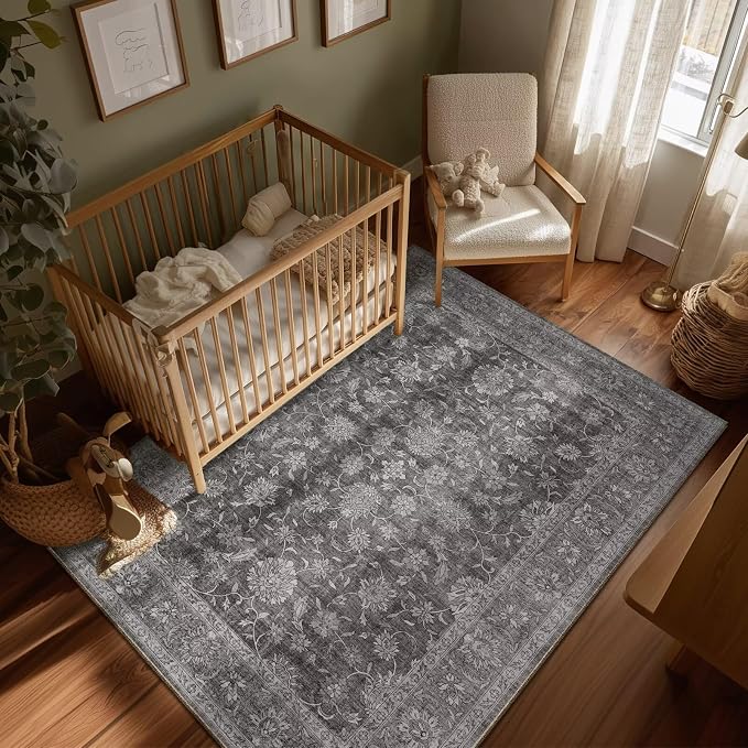 Boho Washable 5x7 Area Rugs for Living Room, Cushioned, Dark Grey | Vintage Non-slip Rugs for Bedroom Dining Room Nursery Office, 0.3" Neutral Oriental Throw Thin Carpet, Grey/Multi