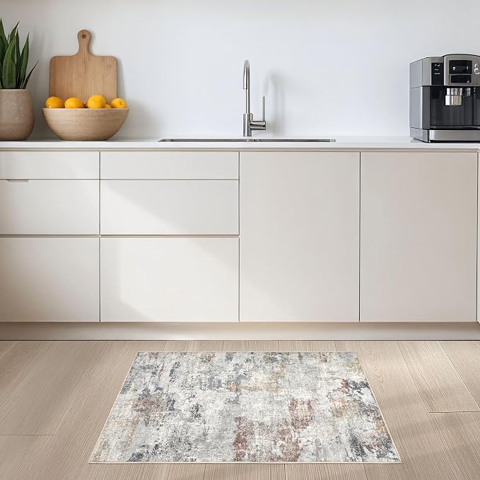 DMOYEST 2x3 Small Area Rug - Washable & Non Slip Indoor Entryway Rug, Low Pile Front Door Mat, Kid & Pet Friendly Carpet for Living Room, Kitchen and Bathroom - Grey/Orange/Yellow