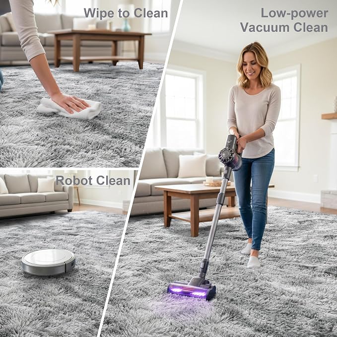 Fluffy Rugs for Living Room: Tie-dye Light Grey Soft Shag Rug for Bedroom, Large Fuzzy Plush Indoor Floor Carpet Non Slip Modern Rug for Nursery Boys Girls Kids Room Dorms Home Decor, 7x10 Feet