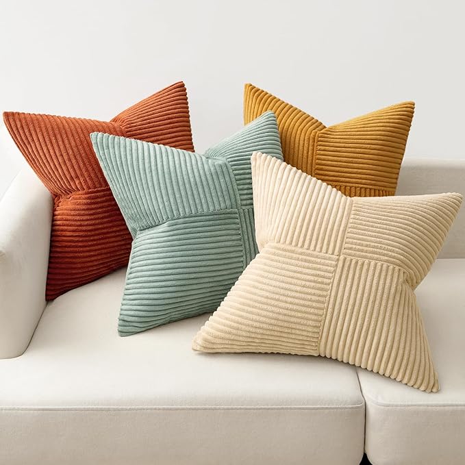 MIULEE Fall Teal Orange Decorative Throw Pillow Covers 18x18 Inch Set of 4 Boho Corduroy Striped Cushion Cases Modern Farmhouse Patchwork Pillow Cases for Couch Sofa Bedroom Home Decor