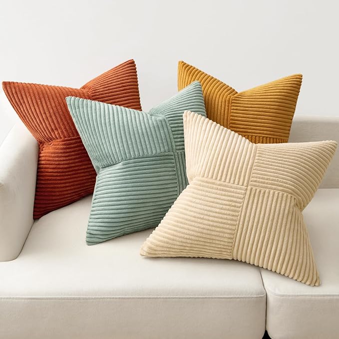 MIULEE Fall Teal-Orange Decorative Throw Pillow Covers 16x16 Inch Set of 4 Boho Corduroy Striped Cushion Cases Modern Farmhouse Patchwork Pillow Cases for Couch Sofa Bedroom Home Decor