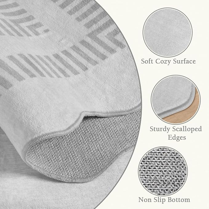 Washable Rug 5x7 Area Rugs for Living Room, Solid Grey Rug Non Slip Scalloped Carpet with Rubber Back, Soft Low Pile Rugs for Nursery Bedroom Dorm