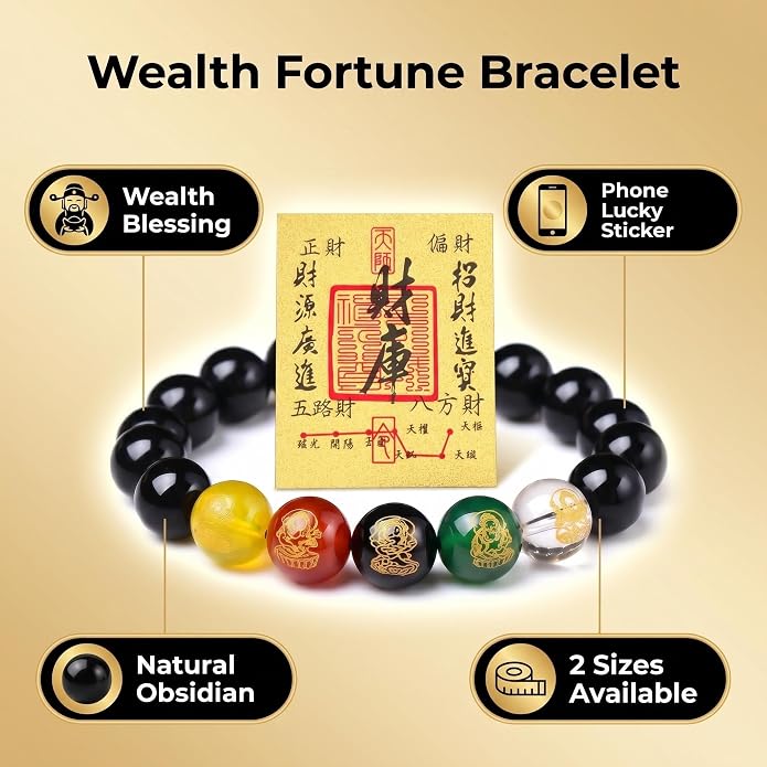 LINGYUAN Feng Shui Wealth and Luck Bracelet with Gold Foil Five Gods Amulet-Red Agate Cinnabar Gemstone Bracelet for Prosperity, Protection & Success, Lucky Charm Gift for Men & Women