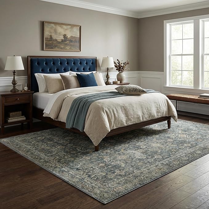 BESBLEE 3X5 Area Rugs Machine Washable Rugs for Living Room, Vintage Boho Large Rugs for Bedroom Dining Room, Non Slip Indoor Soft Distressed Lightweight Thin Low Pile Carpet, Deep