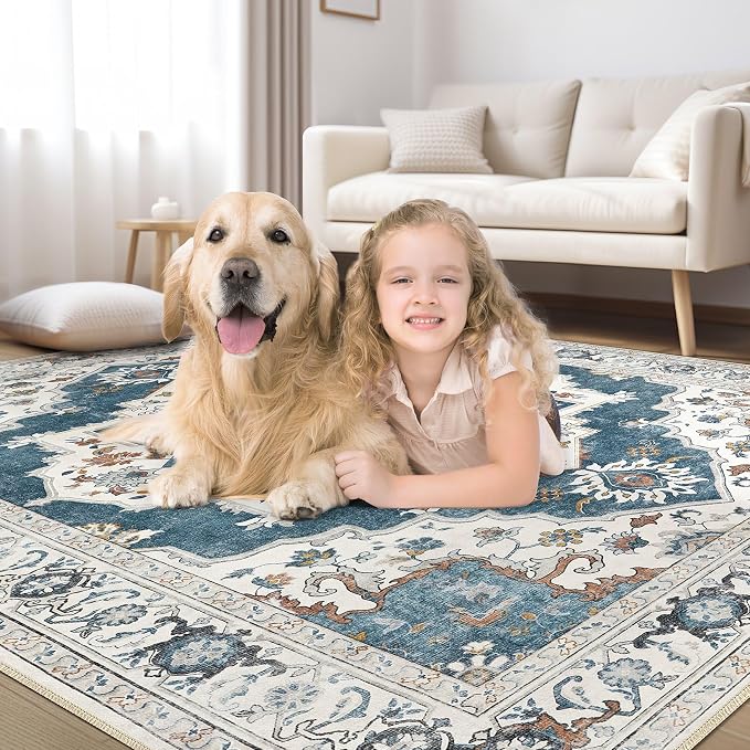 10x14 Washable Area Rug: Vintage Neutral Soft Non Slip Thin Large Floor Carpet for Living Room Bedroom Kitchen Dining Room Home Office Farmhouse Indoor - Blue