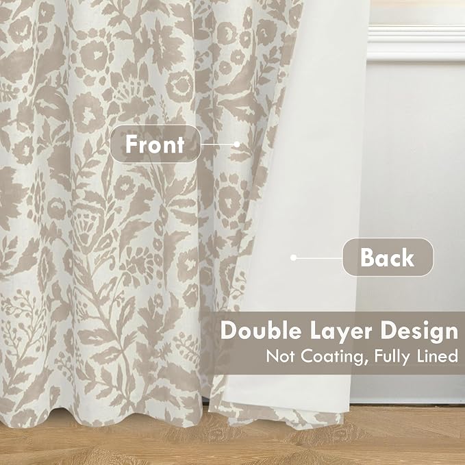 DriftAway Julia 100% Blackout Curtains Grommet 2 Panels, W52xL84, Beige | Floral Curtains, Bedroom, Living Room, Linen Blend, Watercolor Pattern, 2 Layers, Thermal Insulated, Window Treatment