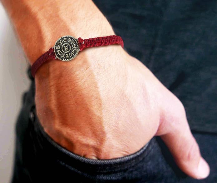 Red String Macrame Prosperity Financial Success & Evil Eye Protection Bracelet with Silver Coin Charm - Gift for new job, long distance relationship gift, new business gift