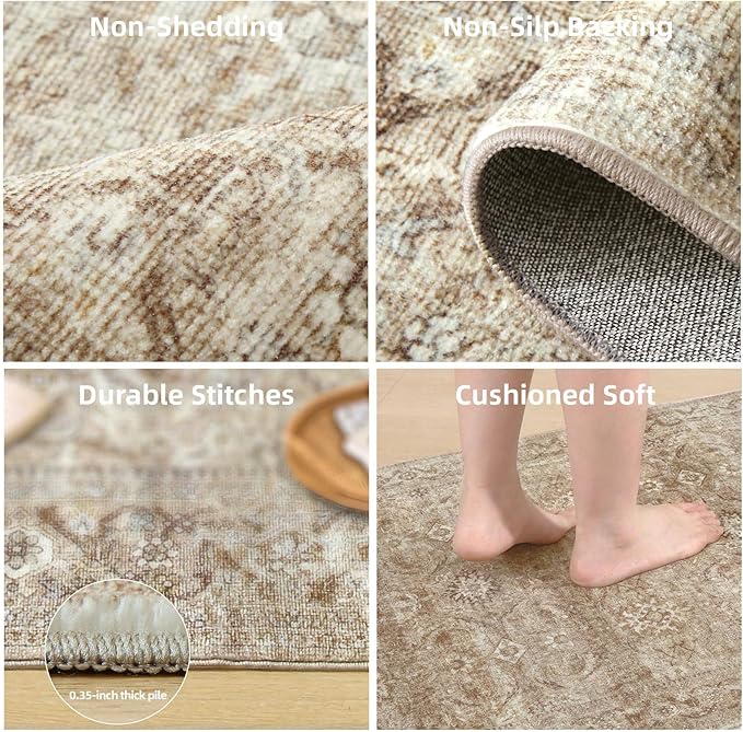 3x5 Washable Area Rugs for Bedroom: Entryway Rug with Non Slip Backing Low Pile Soft Faux Wool Distressed Vintage Boho Small Throw Rugs for Living Room Kitchen Office Nursery Entrance Enytry Indoor