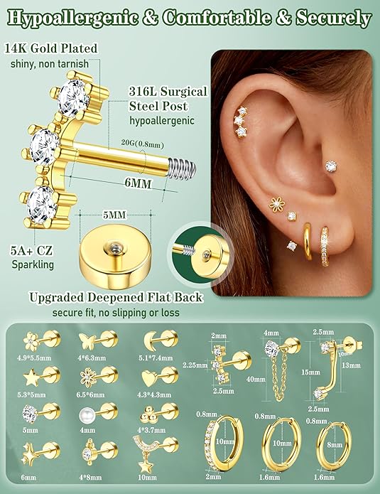Hypoallergenic Flat Back Earrings 14K Gold Plated Cartilage Earring Stacks for Sensitive Ears Surgical Steel Small Huggie Hoops Flatback Stud Earrings Set for Multiple Piercing Jewelry Gift for Women