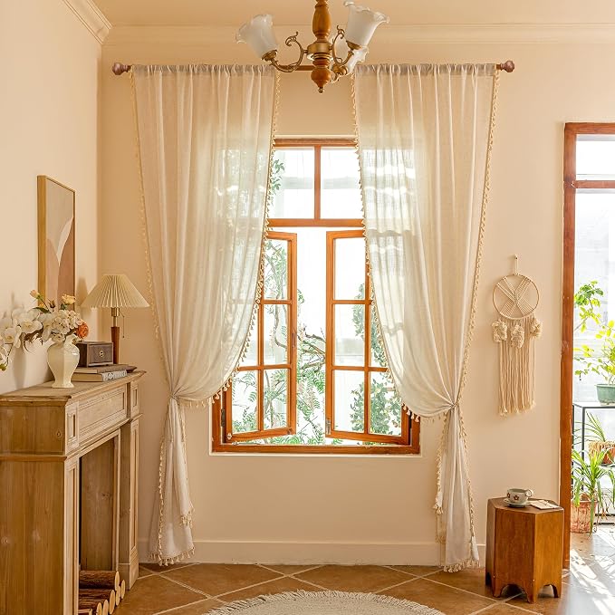 MYSKY HOME Linen Tassels Curtains for Living Room Bedroom, Semi Sheer Drapes 84 inches Length Farmhouse Boho Style Back Tab Macrame Drapes for Sliding Glass Door, Linen, 50" W×84" L, 2 Panels