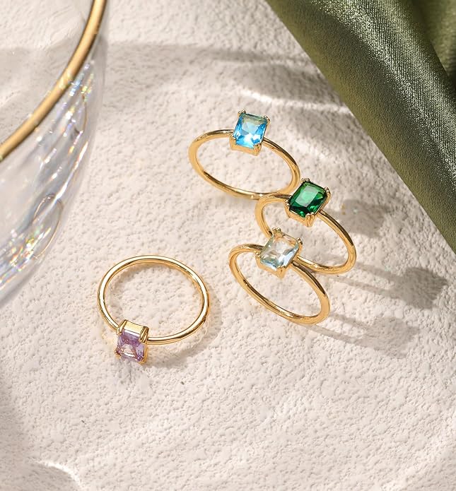 KAERUN Gold Birthstone Rings for Women Non Tarnish 14K Gold Plated Stackable CZ Thumb Eternity Rings Dainty Emerald Green Gemstone Engagement Ring for Mother Lover Birthday Jewelry Gifts Size 6-10