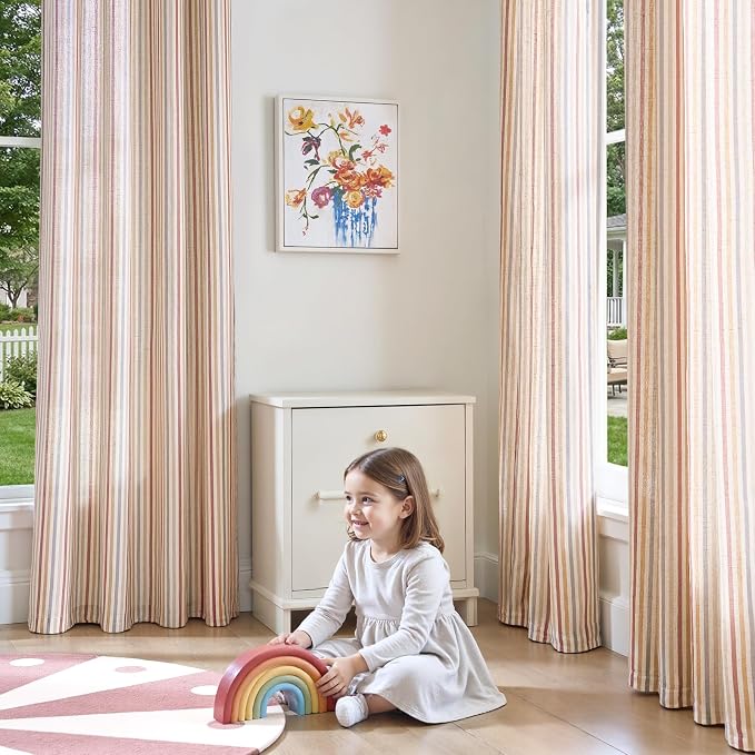 jinchan Linen Curtains 63 inch Red Stripe for Kids Room Grommet 2 Panels | Kids Curtains for Nursery Living Room Bedroom Baby Boys Room,Cute Colorful Ticking Stripe,Cottagecore Rustic,Light Filtering