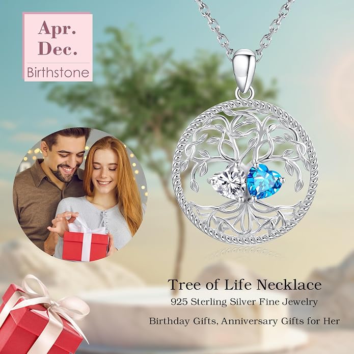 Mothers Day Gifts for Women，925 Sterling Silver Family Tree of Life Pendant Necklaces with 2 Heart Birthstone Jewelry Birthday Anniversary Christmas Gifts for Her Girlfriend Mom Wife Grandma Daughter