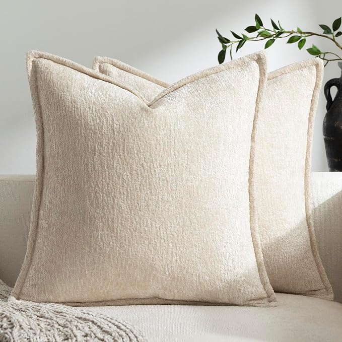 DEZENE Pack of 2 Beige Decorative Throw Pillow Covers 22x22 Cozy Soft Chenille Accent Vintage Square Couch Pillow Covers for Home Decor Bed Sofa Living Room