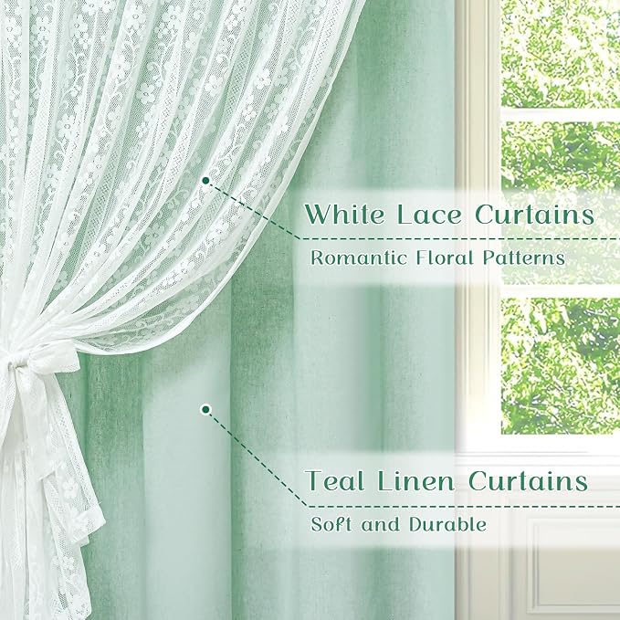 ASPMIZ Linen Curtains for Living Room, Double Layer Curtain 84 Inch Length 2 Panels, Farmhouse Rod Pocket Drapes with Tiebacks, Light Filtering Window Treatment for Bedroom, 52 x 84 Inch, Mint Green