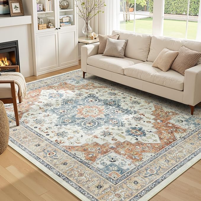 5x7 Bedroom Rug - Boho Aesthetic Floral Beige and Orange, Washable Low Pile Non-Slip Carpet, Stain Resistant Area Rugs for Under Bed, Large Entryway, Kitchen, Playroom, Bed Room, Living Room
