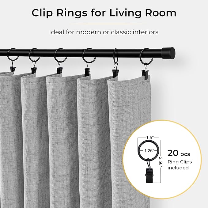 INOVADAY 100% Blackout Curtains for Bedroom, Grey Black Out Curtains 96 Inch Long, Clip Rings Linen Blackout Drapes, Thermal Insulated Room Darkening for Living Room, 2 Panels - W50xL96