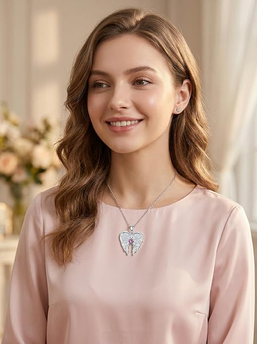 Dorunmo Guardian Angel Wing Pendant Birthstone Heart Necklace Birthday Jewelry Gifts for Women Mom Wife Daughter