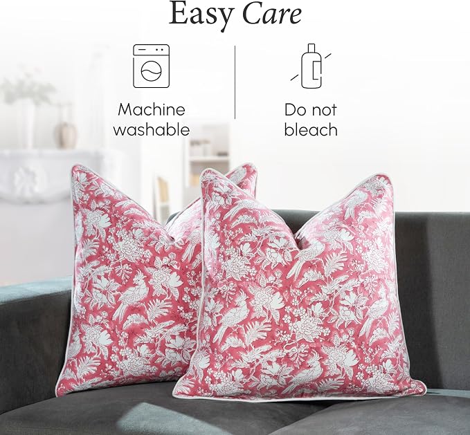 CPC 100% Cotton Throw Pillow Covers 18x18 Inch, Set of 2 Pink Block Print Pattern Couch Pillow, Cute Boho Decorative Pillows for Living Room, Bedroom with Hidden Zipper- Pink Coral