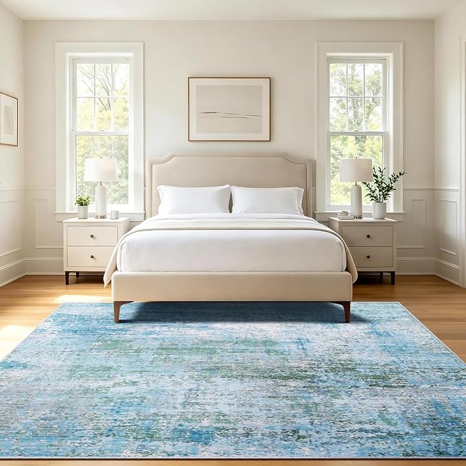9x12 Area Rugs Living Room Rug Abstract Washable Rug Non-Slip Soft Low Pile Indoor Floor Stain Resistant Thin Carpet for Bedroom Dining Room Home Office Farmhouse Nursery - Dusty Blue & Cream 9' x 12'