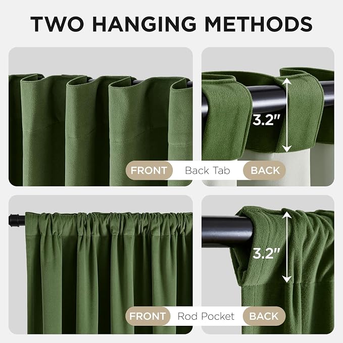 Joydeco 100% Blackout Velvet Curtains Olive Green 90 Inch Back Tab | Luxury Thermal Insulated Velvet Curtains for Bedroom Living Room, Soundproof Blackout Window Drapes