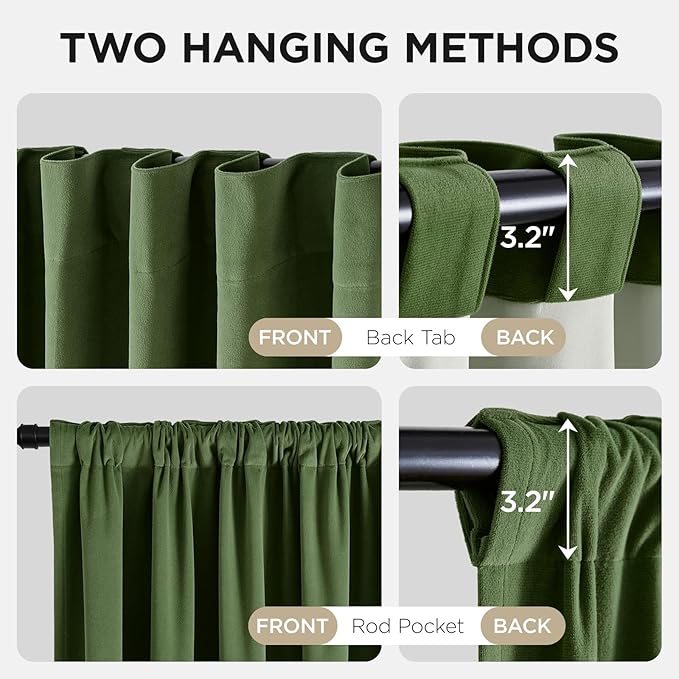 Joydeco 100% Blackout Velvet Curtains Olive Green 102 Inch Back Tab | Luxury Thermal Insulated Velvet Curtains for Bedroom Living Room, Soundproof Blackout Window Drapes