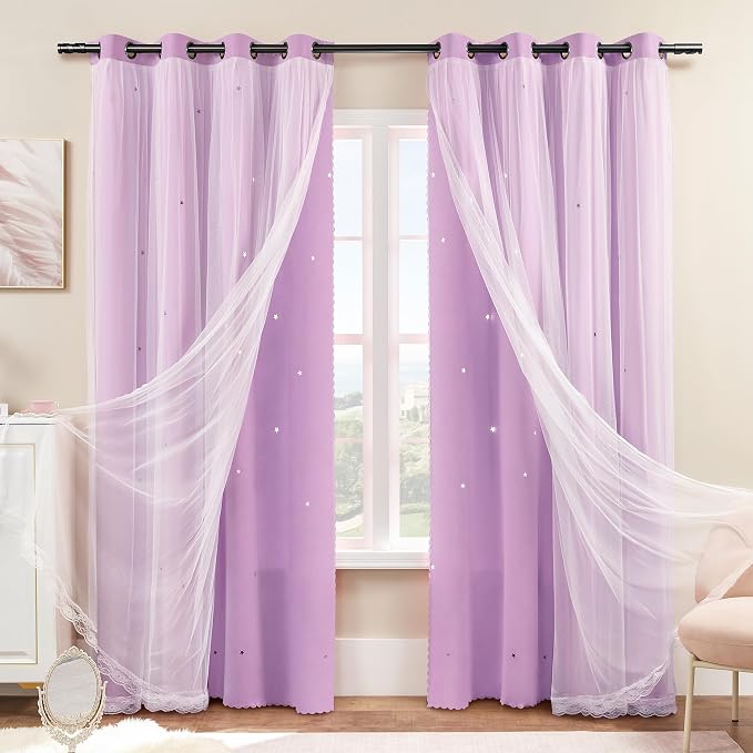 XiDi Purple Blackout Curtains for Kids Girls Bedroom 2 Panels 84 Inches Long Star Cut Out Nursery Curtain Princess Mermaid Wall Decor Room Darkening Double Layer Window Drapes Grommet Lilac W52 x L84
