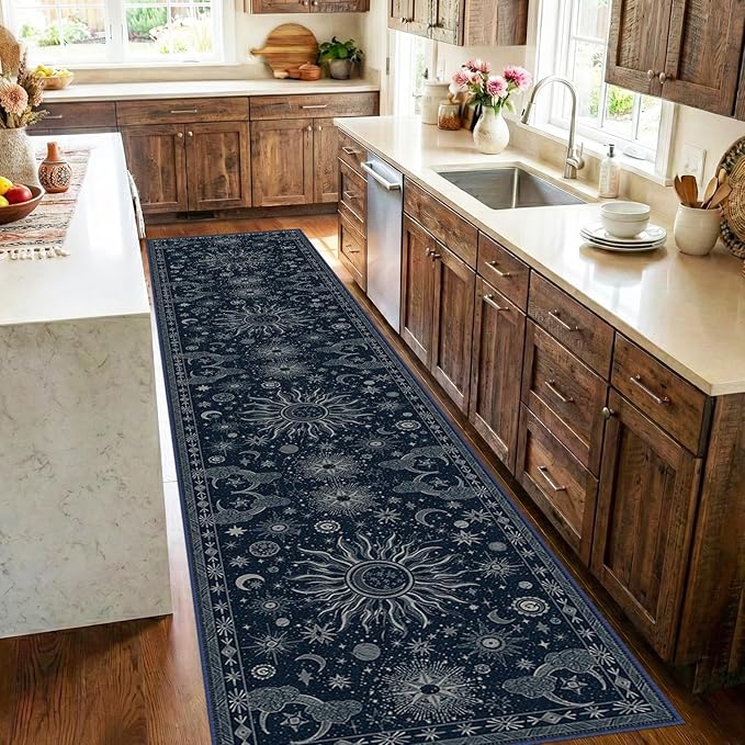 Vacuum-Friendly, 2x10 Washable Area Rug, Blue Gray White | Sun and Moon Boho Gothic Non-Slip Low Pile Living Roon Bedroom Dining Room Kitchen Entry Entryway Entrance Hallway Doormat