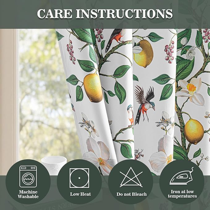 MYSKY HOME Floral Blackout Curtains 63 inch Length 2 Panels Set with Flower Hummingbird Lemon Print for Living Room Bedroom Room Darkening Privacy Vintage Grommet Curtains & Drapes, 52", Greyish White