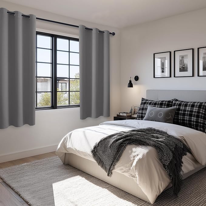Hiasan Blackout Curtains for Bedroom and Living Room, Light Blocking, Noise Reducing Window Curtain Panels, Tiebacks Included, Set of 2, Grommet Top (Grey, Width 42 Inch x Length 72 Inch)
