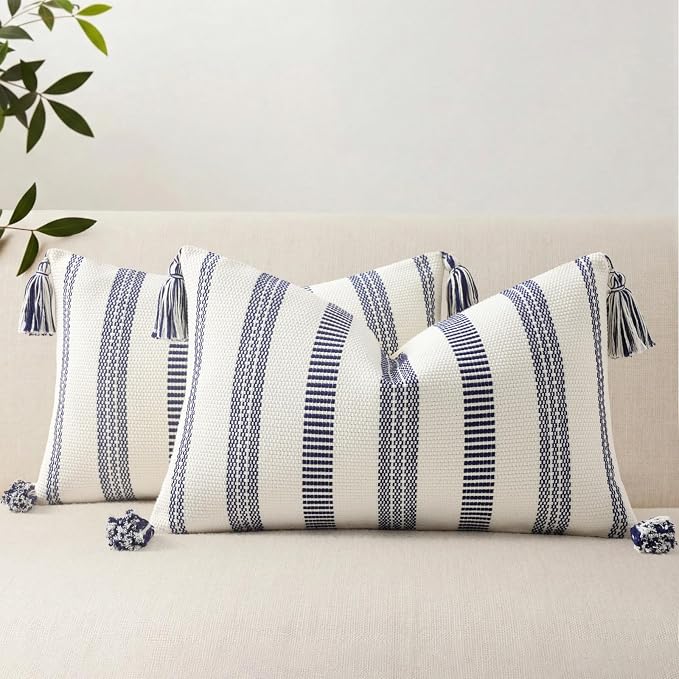 Smile Bee Boho Outdoor Couch Throw Pillow Covers Set of 2 Decorative Lumbar Thick Woven Striped Accent Neutral Pillow Covers with Tassels for Bed Sofa Home Decor 12x20 Inch, Navy Blue and Cream White | Woven Cozy Boho Decorative Modern Farmhouse Accent...