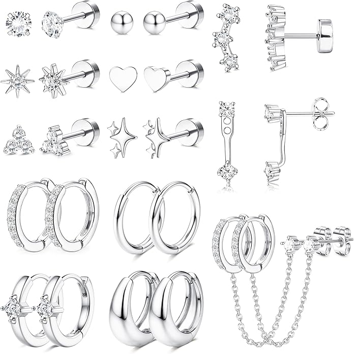 Florideco Flat Back Earrings Hypoallergenic Surgical Steel Earrings for Women Trendy Cartilage Chain Earring 14K Gold Plated Star Heart CZ Flatback Stud Earring Sets for Multiple Piercing