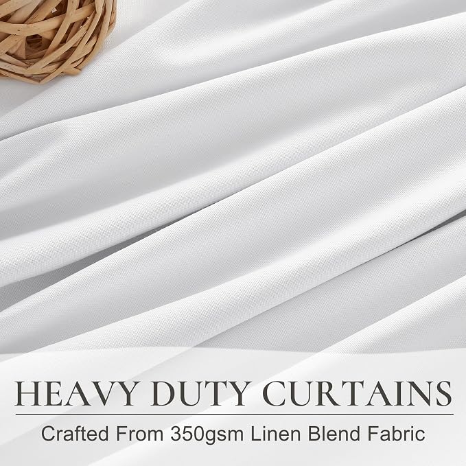 Bright White Blackout Patio Door Curtains 90 Inches Long 2 Panels Set, Cute White Cottage Core Pleated Thick Linen Curtain for Kids Bedroom Nursery Windows Room Darkening Insulated Drapes Back Tab