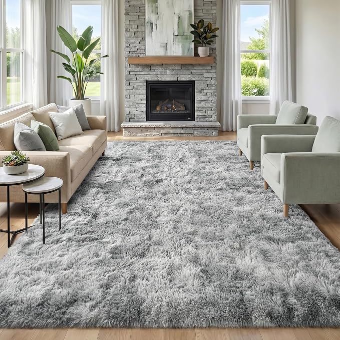Fluffy Rugs for Living Room: Tie-dye Light Grey Soft Shag Rug for Bedroom, Large Fuzzy Plush Indoor Floor Carpet Non Slip Modern Rug for Nursery Boys Girls Kids Room Dorms Home Decor, 9x11 Feet