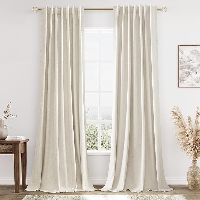 100% Blackout Linen Curtains 86 Inch Length 2 Panels Set for Living Room Bedroom Back Tab Thermal Insulated Black Out Drapes Room Darkening Farmhouse Style for Bedroom Window Curtains 86 Inches Long