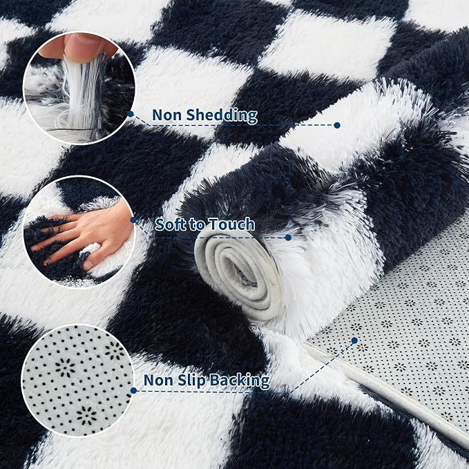 Garvee Checkered Rug 8x10 for Living Room, Modern Plush Shag Rug Washable Non-Slip Large Area Rug Super Soft Indoor Fuzzy Carpet Fluffy Rugs for Bedroom Home Aesthetic Decor,Blue-White