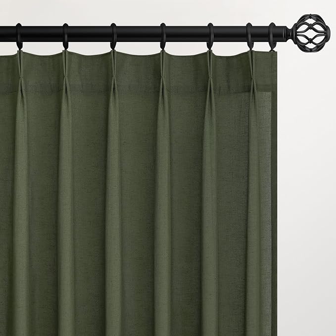 Topfinel 54 Inches Long Linen Curtains for Living Room 2 Panels Set,Back Tab Pinch Pleated Hooks Track System Olive Green Semi Sheer Window Curtain Drapes for Bedroom,Modern Neutral Decor,40"x54"