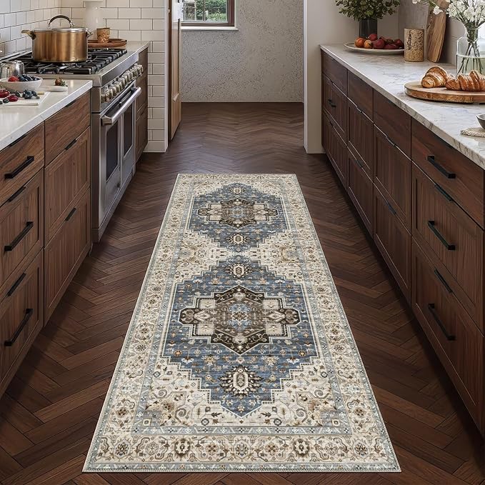 2x6 Runner Rug for Entryway Hallway-Vintage Farmhouse Boho Floral Neutral Washable Stain Resistant Indoor Rugs for Home Decor(Floral Blue)