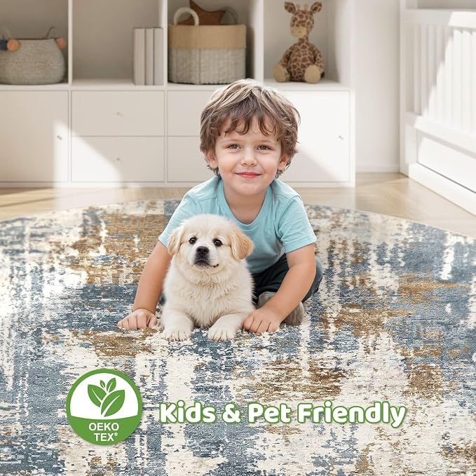 7ft Round Rug Living Room Rugs: 7x7 Washable Circle Large Abstract Modern Soft Stain Resistant Non Slip Indoor Floor Carpet for Bedroom Nursery Office Dining Room Dorm Home House- Tan Blue