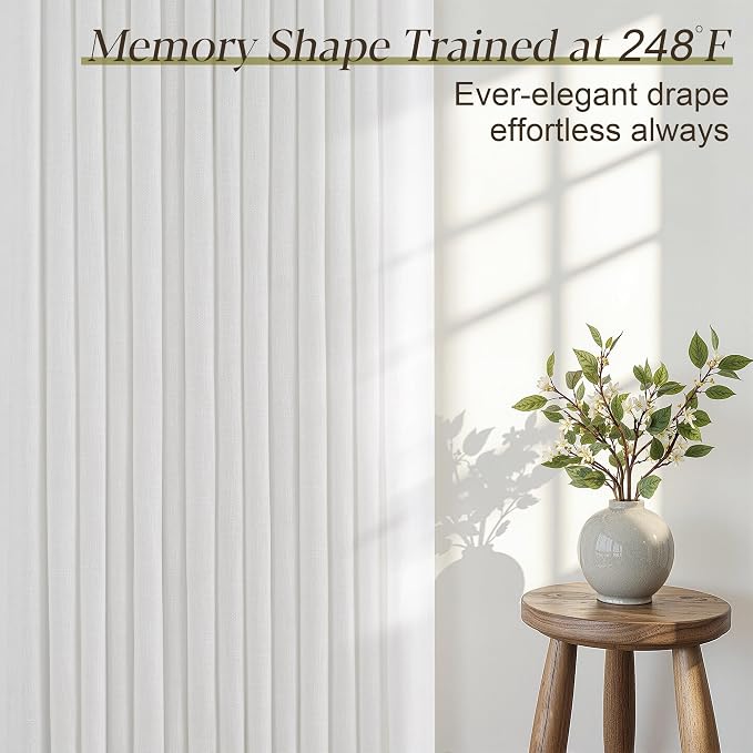 100 Inch Wide Pinch Pleated Linen Curtains 100 Inches Long for Living Room Sliding Glass Door Memory Shape Trained Pleated Drapes Beige White Cream Beige Light Filtering Curtains 100W x 100L