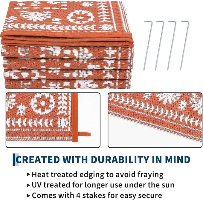 Garvee Reversible Outdoor Rug 6x9 for Patio, Waterproof Outdoor Area Rug, Modern Medallion Indoor Outdoor Rugs, Plastic Straw Rug for RV, Camping, Deck, Vintage Terracotta