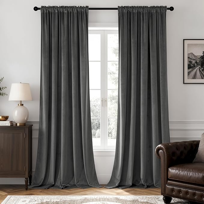 MIULEE Grey Blackout Velvet Curtains Drapes 108 Inch Long 52"x108" Bedroom | Luxurious Bedroom Living Room Decor, Room Darkening, Thermal Insulated, Rod Pocket Design, Super Soft Fabric, Extra Long