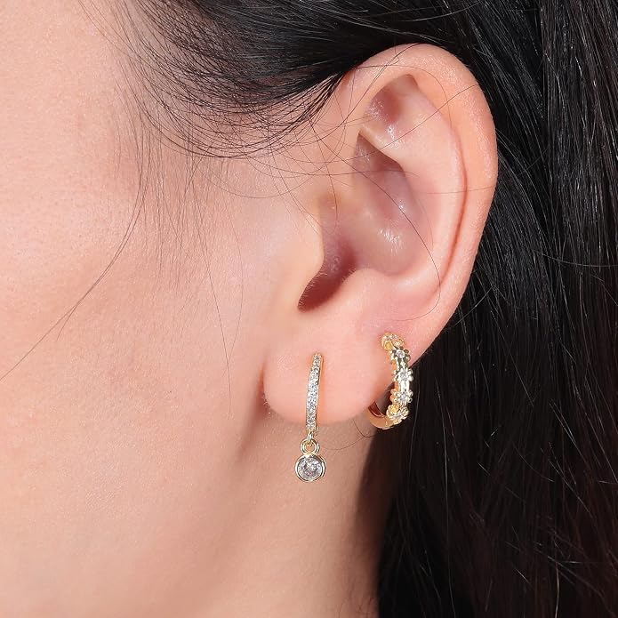 CiNily Small Hoop Earrings for Women Girls Flower Cubic Zirconia Huggie Earrings Hypoallergenic 14K Yellow Gold Plated Cartilage Earrings