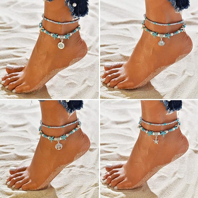 Suyi 5pcs Ankle Bracelets for Women Layered Beach Adjustable Anklets Boho Chain Anklet Foot Jewelry