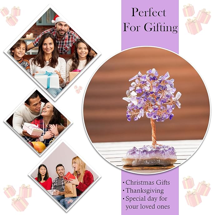 Crocon® Amethyst Crystals Tree with Cluster Base Tree of Life, Birthday Gifts for Women, Men Decor for Shelf, Sister Gift, Birthday Gifts for Mom, Cute Home Office Decor Purple Housewarming Present