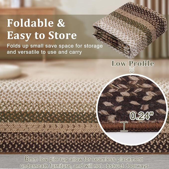 RUGSREAL 2x10 Long Hallway Runner Rug Braided Print Area Rug Runner Non Slip Kitchen Runner Mat Washable Rug Farmhouse Carpet Rustic Accent Area Rug for Living Room Bedroom Bathroom, Moss/Brown